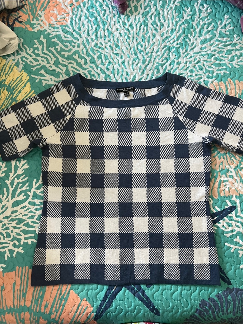 Cable & Gauge Navy and White Crew Neck Short Sleeve Sweater
